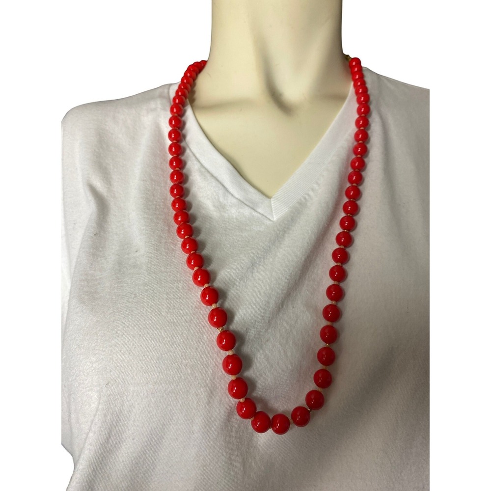 Chunky Red Beaded Necklace Gold Tone Spacer Beads